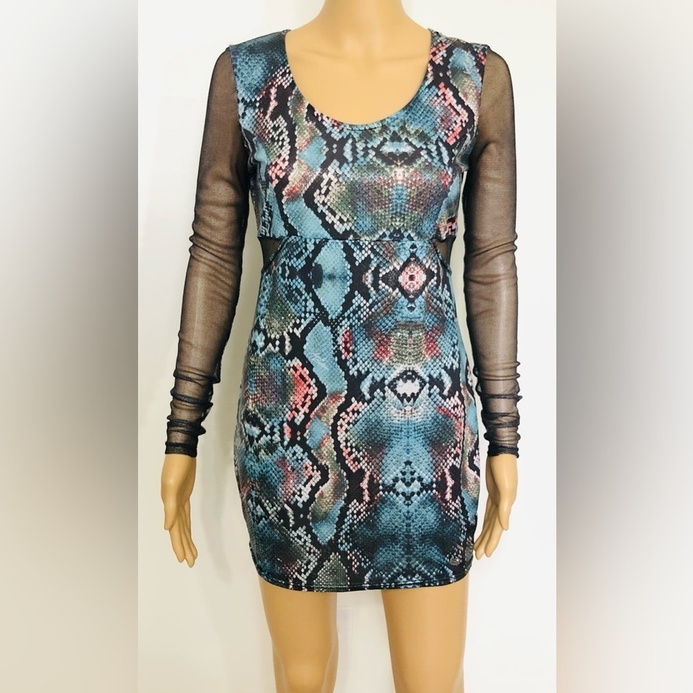 Apple Bottoms | Blue Snakeskin Fitted Dress Mesh Long Sleeves Size M